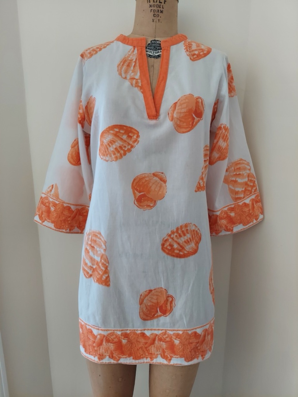 White & Orange Shell-Print Tunic Dress